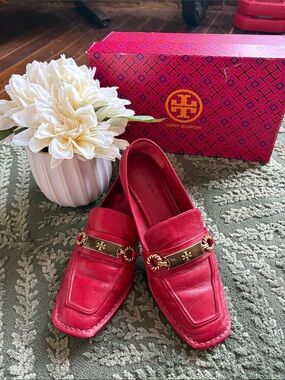 Tory Burch Red Leather Slip-On Loafers with Gold Logo Hardware